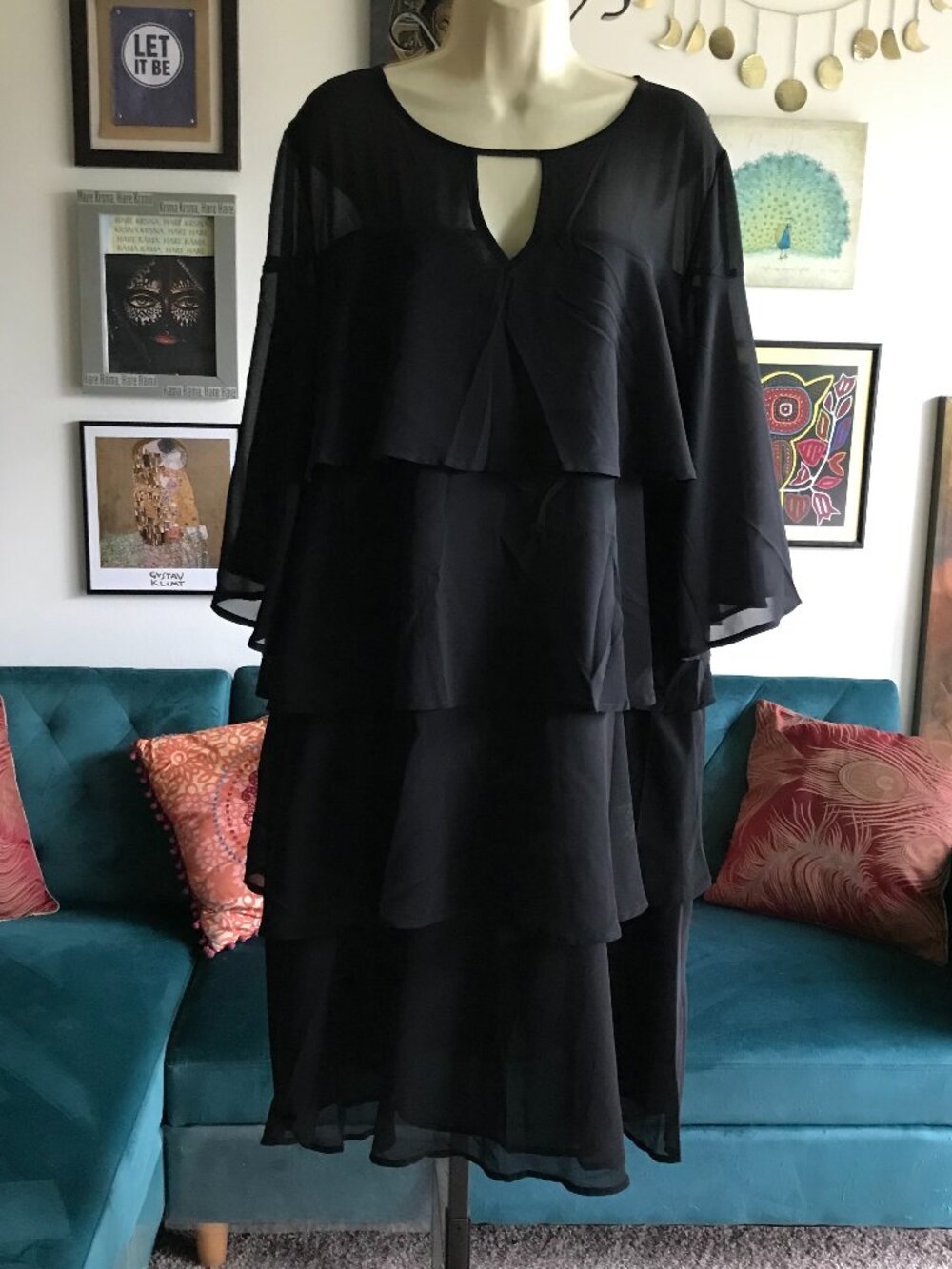 ROSEGAL size 2X Black Tiered Chiffon Bell Sleeve Cocktail Dress Gothic Witchcore